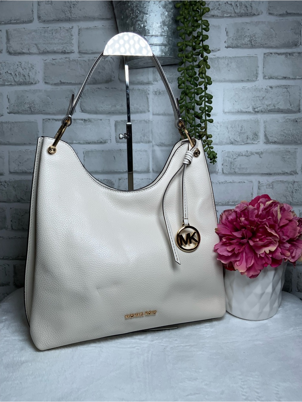 Michael Kors Cream Pebbled Leather Hobo Shoulder Bag with Gold MK Charm